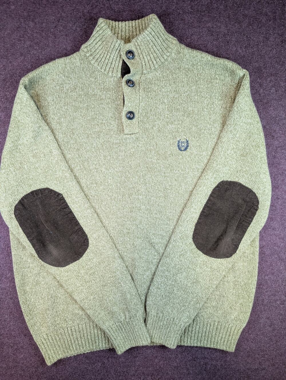 Men's Chaps Button Neck Sweater w/ Corduroy Elbow Patches, Sage - Size M